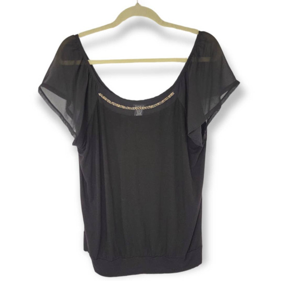 Torrid black sheer‎ sleeve gold beaded top - Picture 1 of 5
